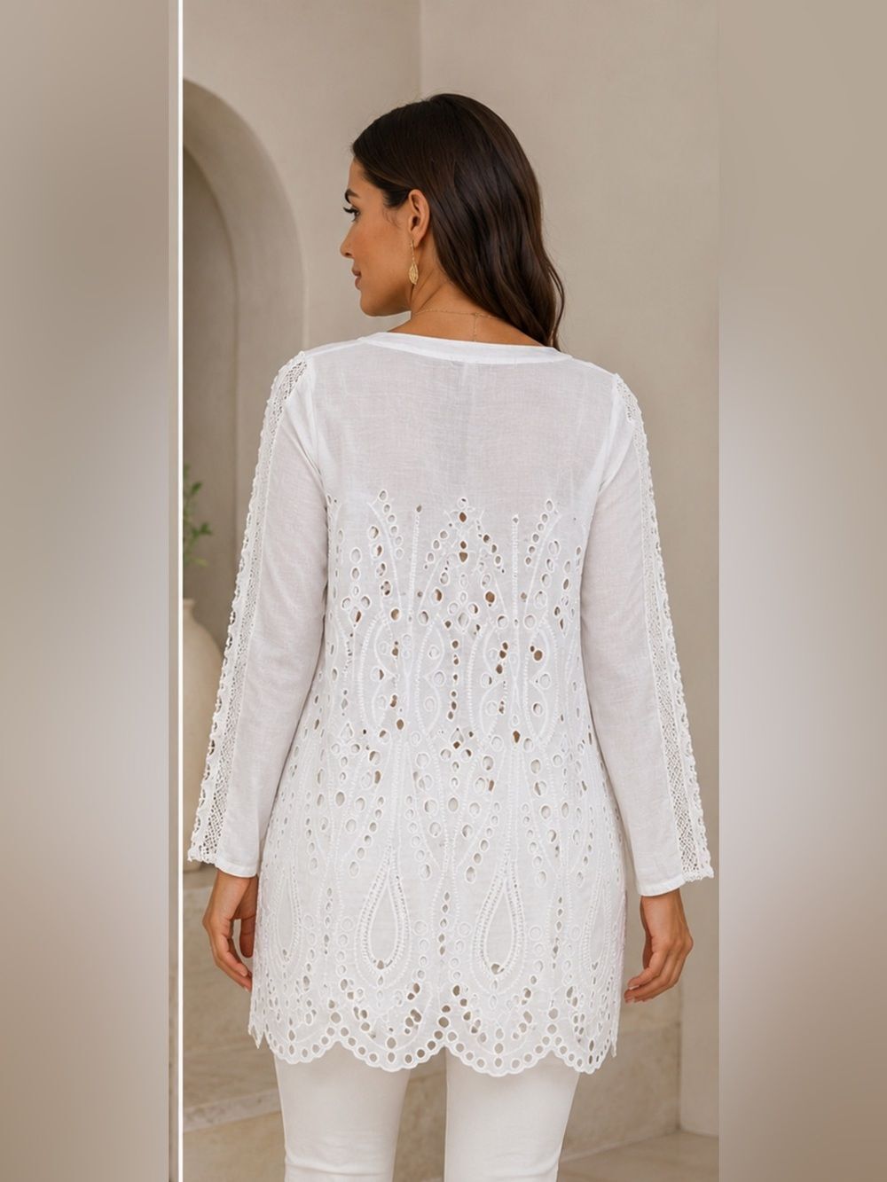 (A5)Michael Kors Long Sleeve Blouse with Lace Trim and Openwork Embroidery,Sz M - Picture 3 of 16